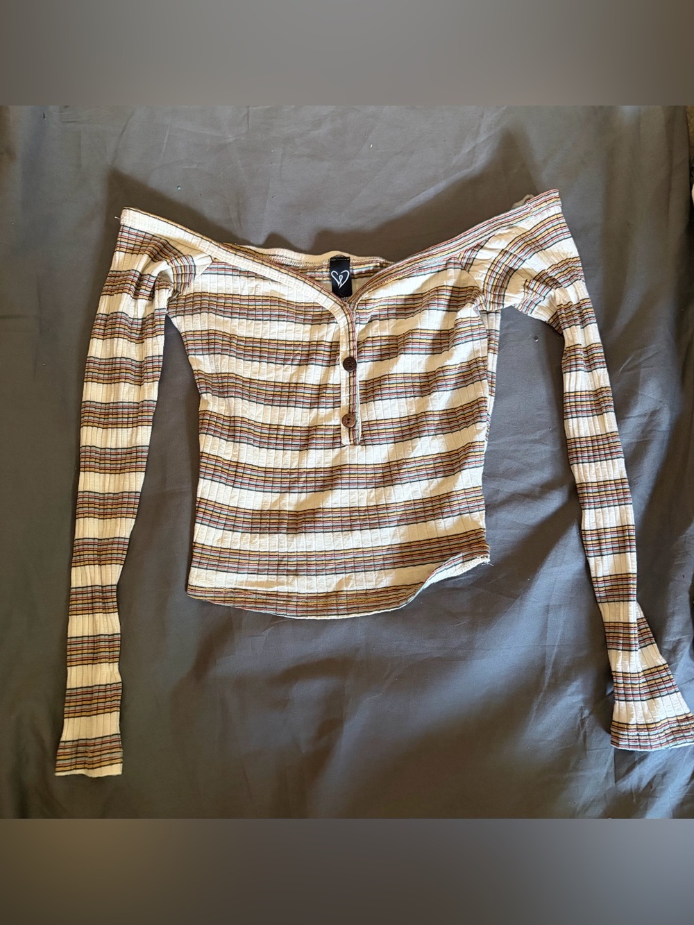 Windsor Off-Shoulder Striped Ribbed Long-Sleeve Top in Cream and Brown